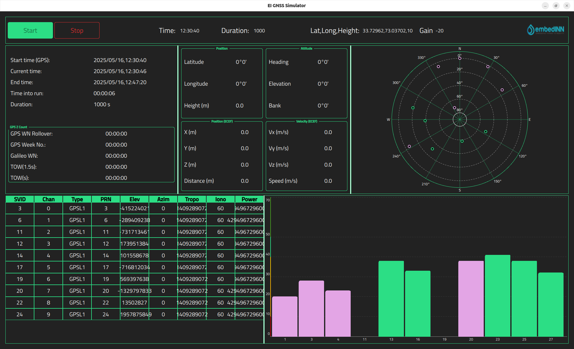 GPS Simulator GUI Interface showing control panel and configuration options